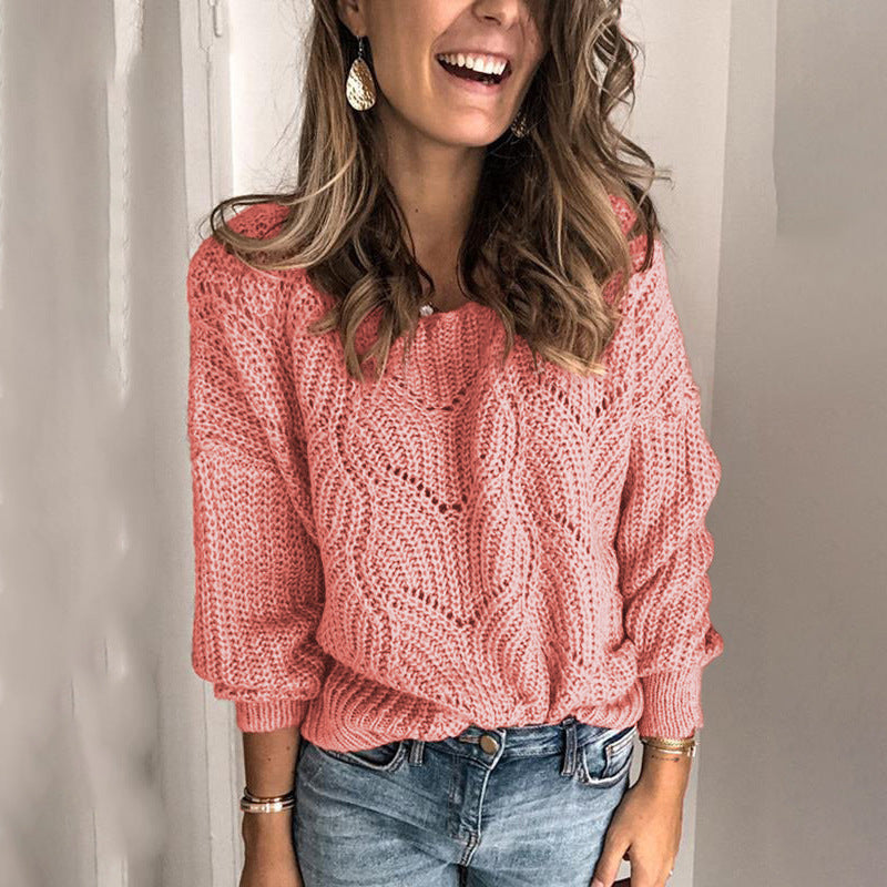 Damen Oversize Grobstrickpullover mit Ajourmuster und weitem Rundhalsausschnitt Drune