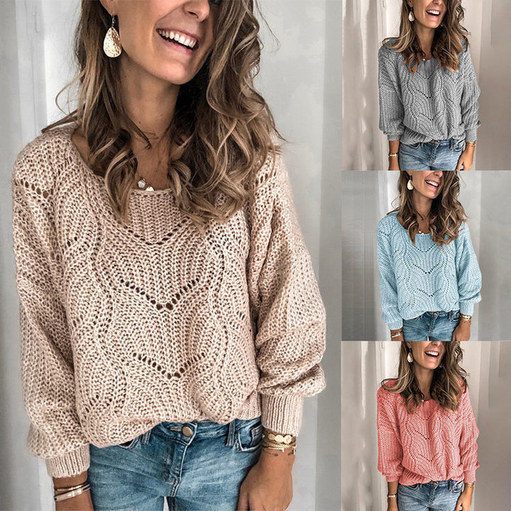 Damen Oversize Grobstrickpullover mit Ajourmuster und weitem Rundhalsausschnitt Drune