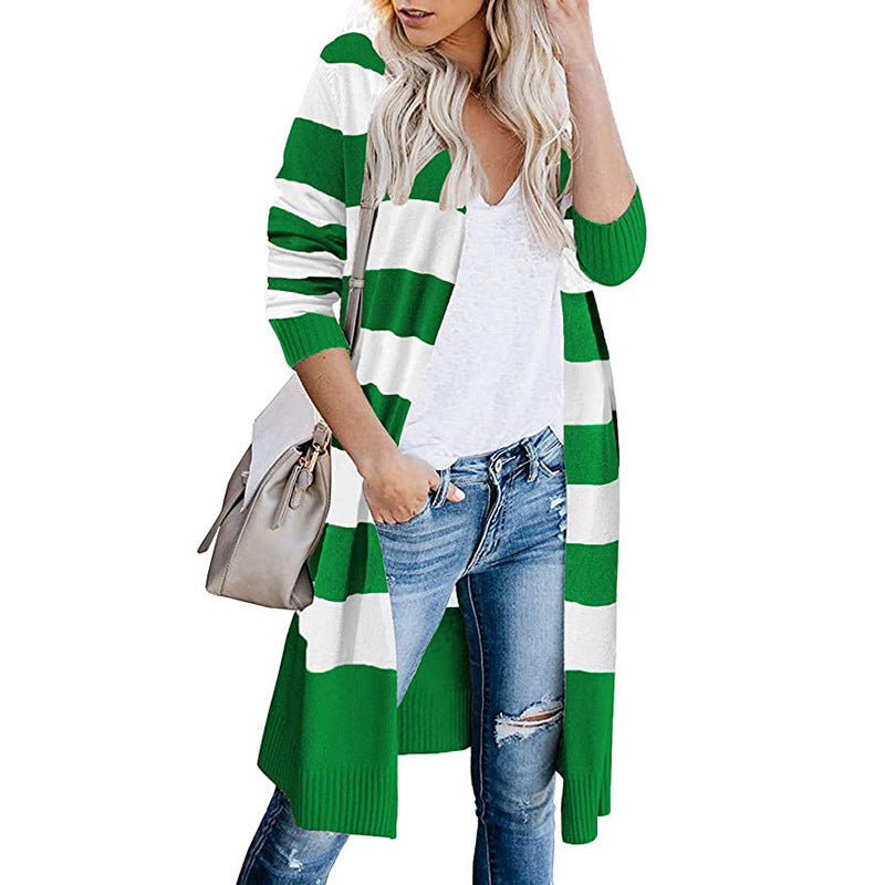 Damen Lange Strickjacke mit Streifen-Muster und offenen Front Drune