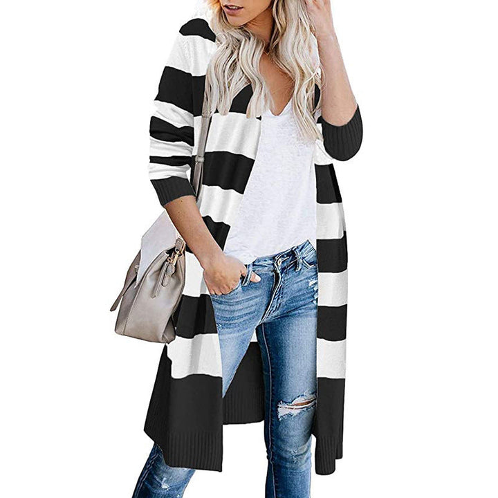 Damen Lange Strickjacke mit Streifen-Muster und offenen Front Drune