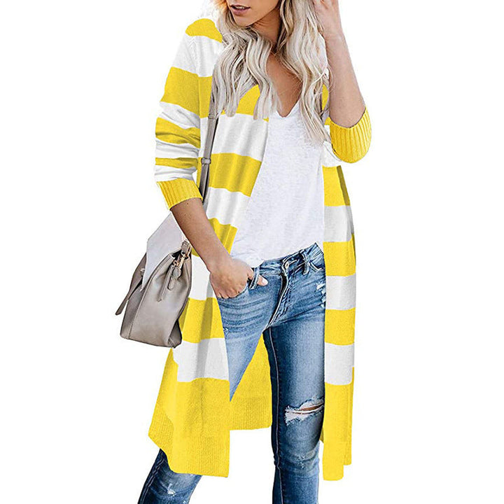 Damen Lange Strickjacke mit Streifen-Muster und offenen Front Drune
