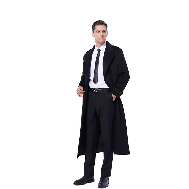 Herren Maxilanger Mantel aus Wollmix mit Bindegürtel, Epauletten und klassischem Revers Drune