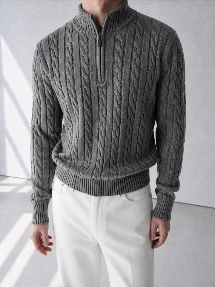 Herren-Strickpullover, Stehkragen mit Reißverschluss, Zopfmuster