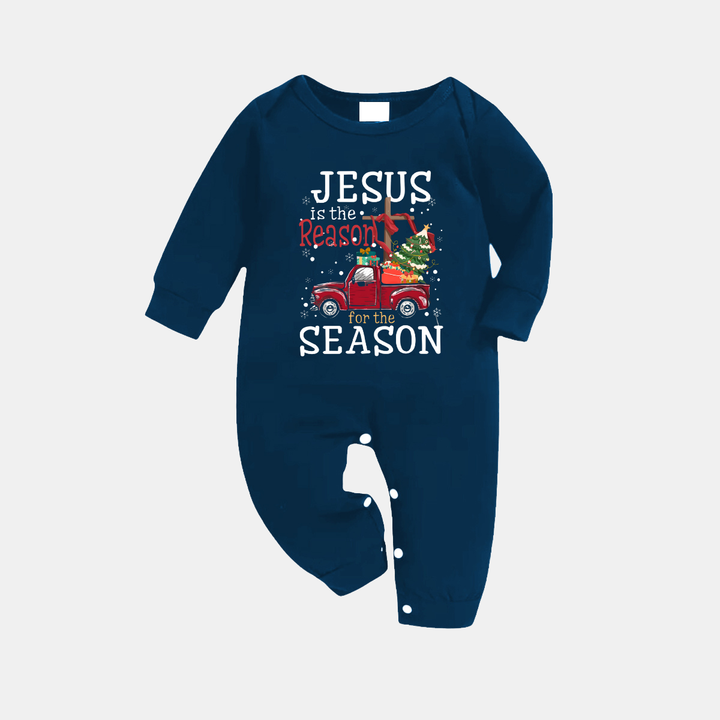 Drune | Marineblaues und Himmelblaues Karierter Weihnachts-Pyjama-Set mit "Jesus ist der Grund für die Jahreszeit" Textdruck