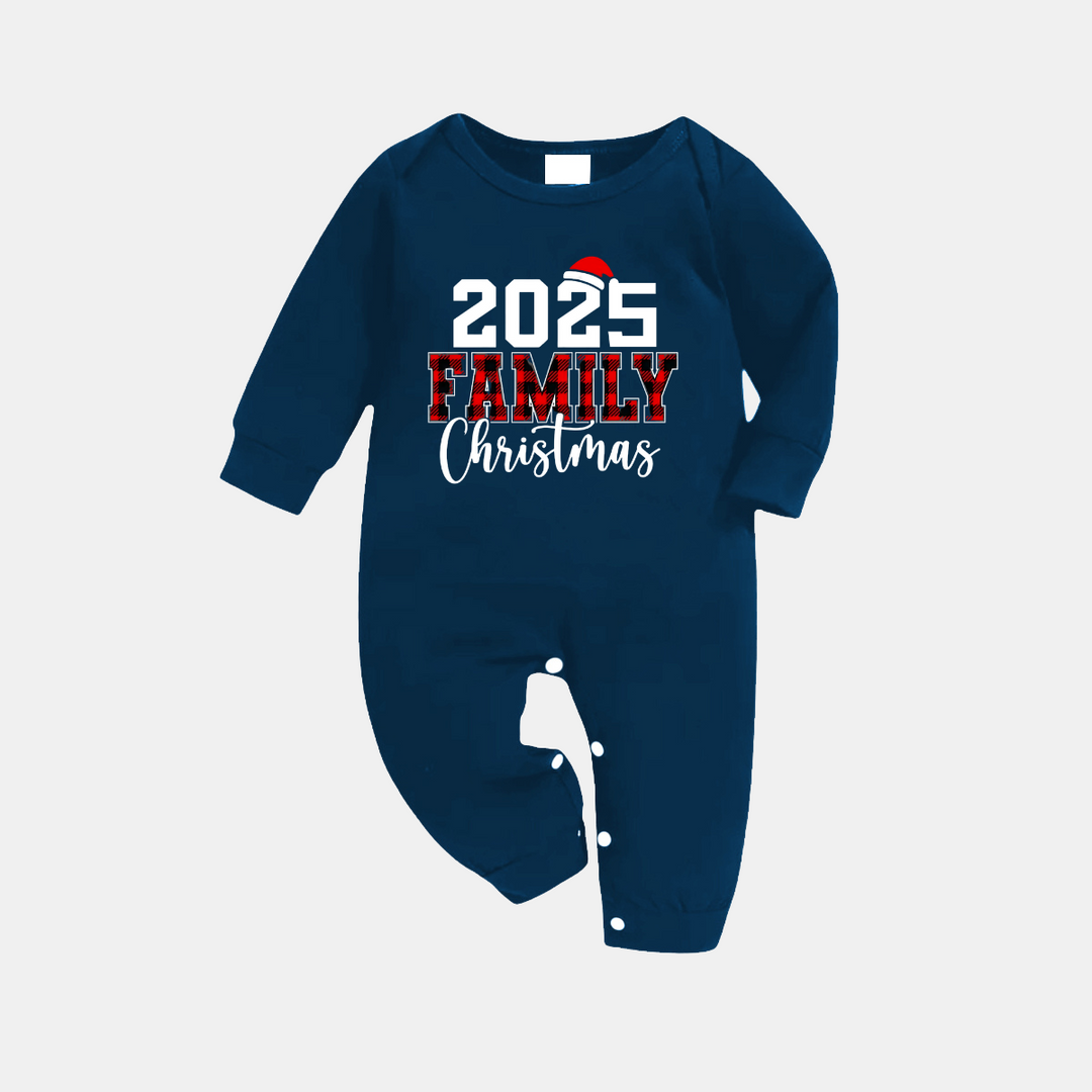 Drune | 2025 Familie Weihnachten Textdruck Blau Langarmshirt mit Blau Karo Familie Passende Pyjamas