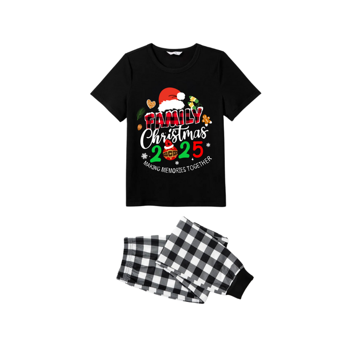 Drune | Gemeinsam Erinnerungen schaffen Familie Weihnachts 2025 Pyjama Set - Schwarzes Oberteil Schwarz-Weiße Karohosen Santa Hut Grafik