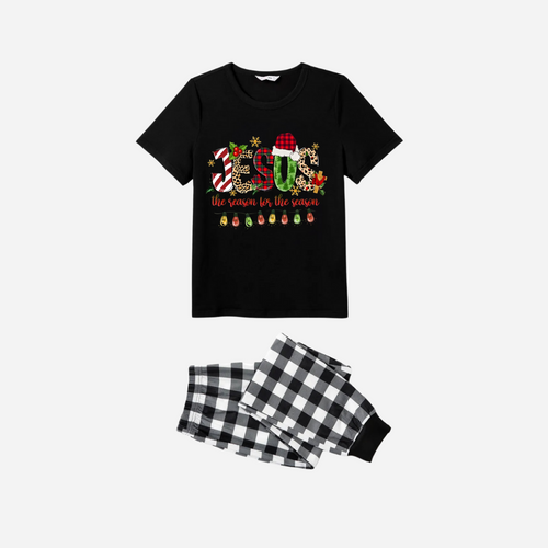 Drune | Jesus der Grund für die Saison Familie Weihnachts-Pyjama-Set - Schwarzes Oberteil mit schwarzer und weißer karierten Hose