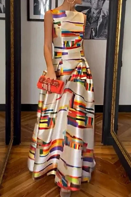 Drune | Rosiedress Offene Rücken Ärmellose Bedruckte Maxi Swing Kleid