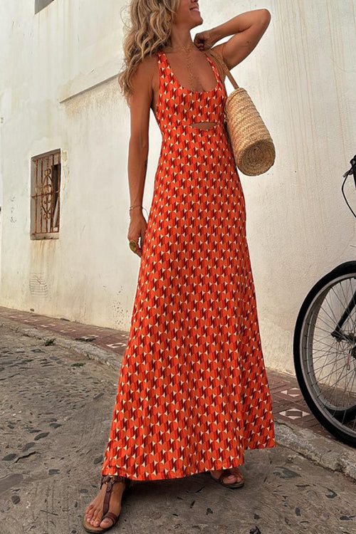 Drune | Scoop Neck Rückenfreies Geometrisches Print Maxi Cami Kleid