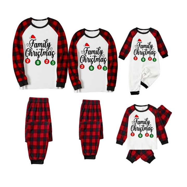 Drune | Weihnachtsfamilien passende Familienpyjama-Set - Weißes Oberteil, Rote Hose, Karomuster