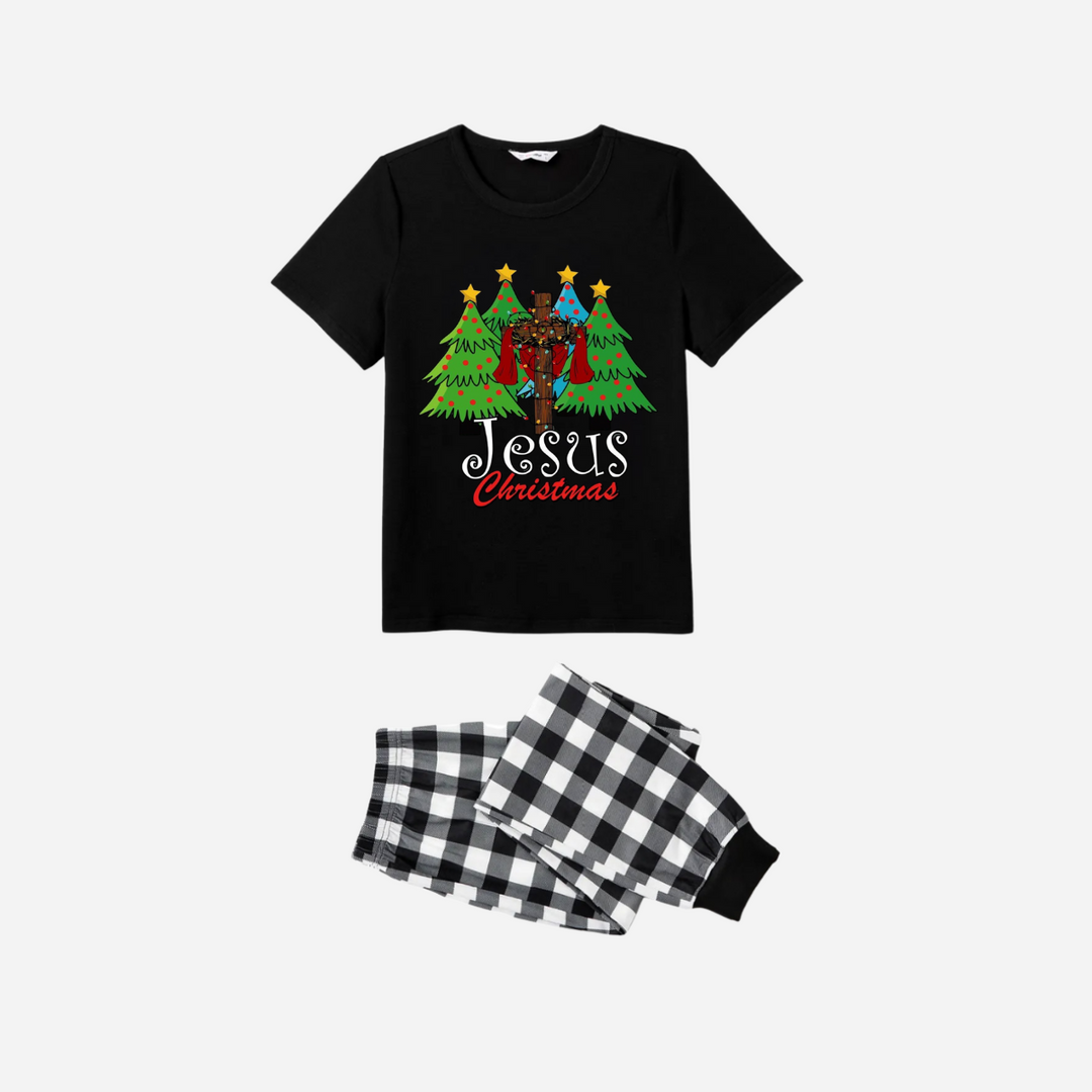 Drune | Jesus Weihnachten Familie Passende Schlafanzug Set - Schwarzes Oberteil mit Schwarz-weißem Karohosen