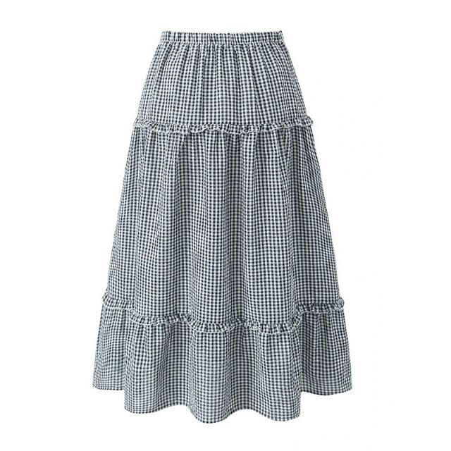 Drune | Gestuftes Gingham-Midirock mit Rüschendetail