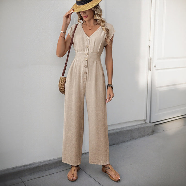 Drune | V-Ausschnitt einfarbiger elastischer Overall mit hoher Taille und weitem Bein