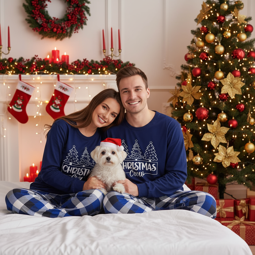 Drune | "Christmas Crew" und Bäume Blau Lange Ärmel mit Blau Karierte Paar passende Pyjamas