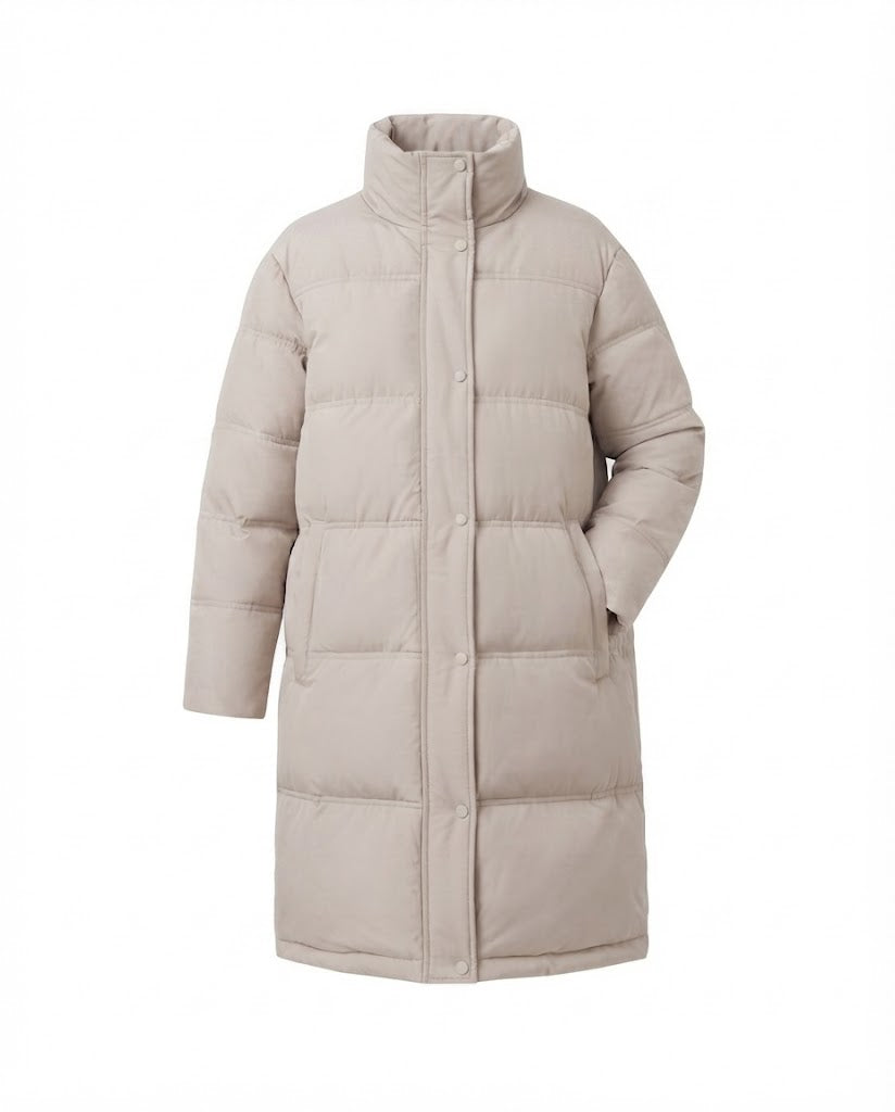 Damen langgeschnittene gesteppte Thermojacke mit Kapuze, Zwei-Wege-Reißverschluss und seitlichen Reißverschlussöffnungen