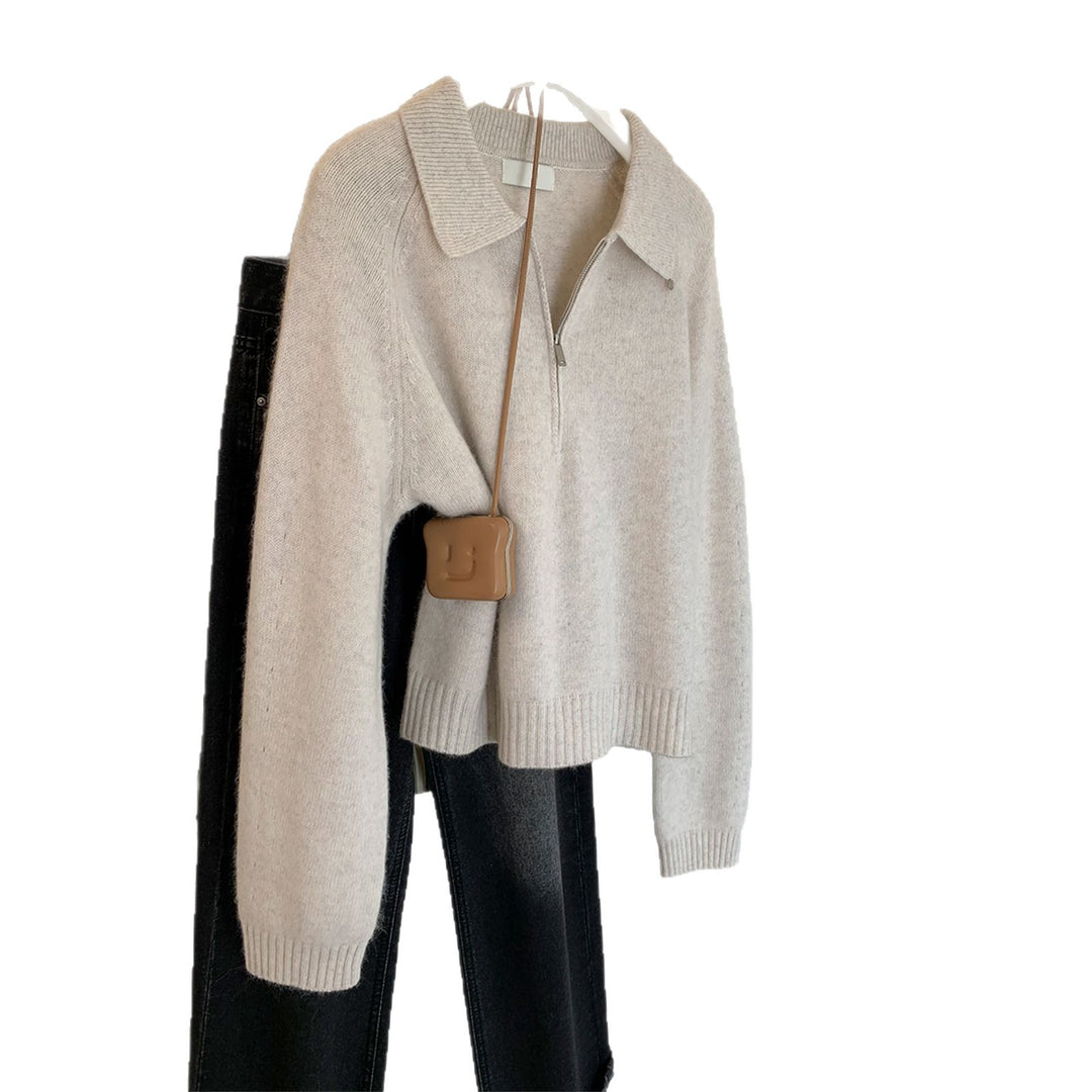 Damen-Strickpullover mit Polo-Kragen und Reißverschluss
