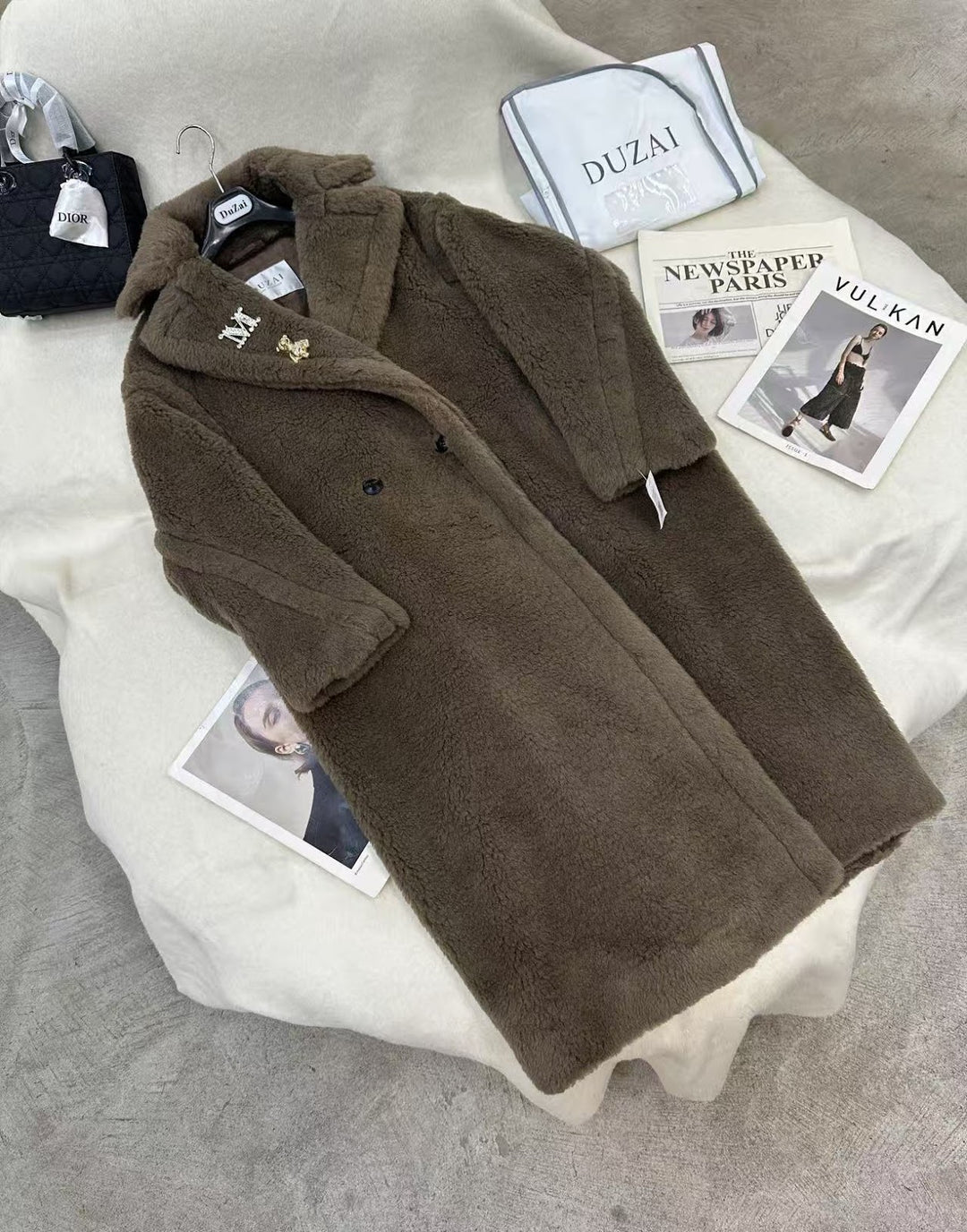 Langer Teddy-Mantel aus Wolle und Alpakawolle