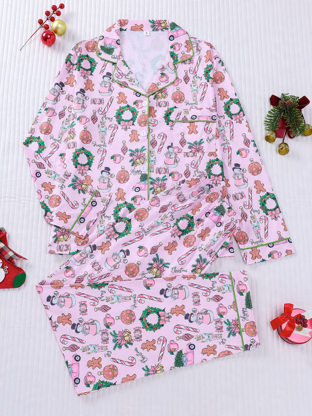 Damen-Pyjama-Set, Langarm, Weihnachtsmotiv, Reverskragen
