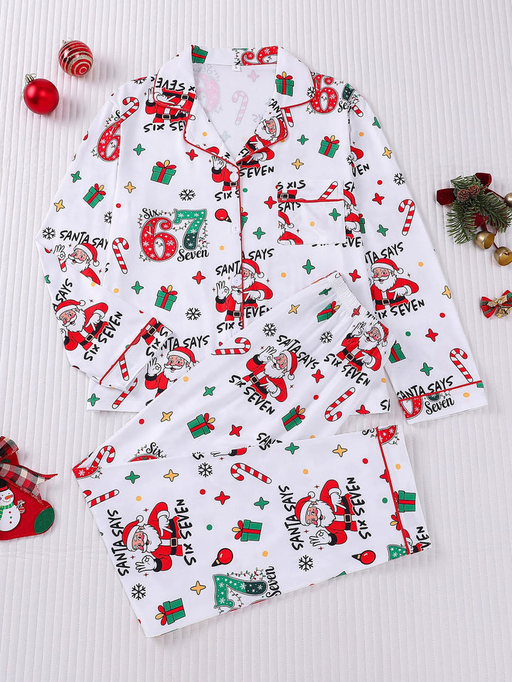 Damen-Pyjama-Set, Langarm, Weihnachtsmotiv, Reverskragen
