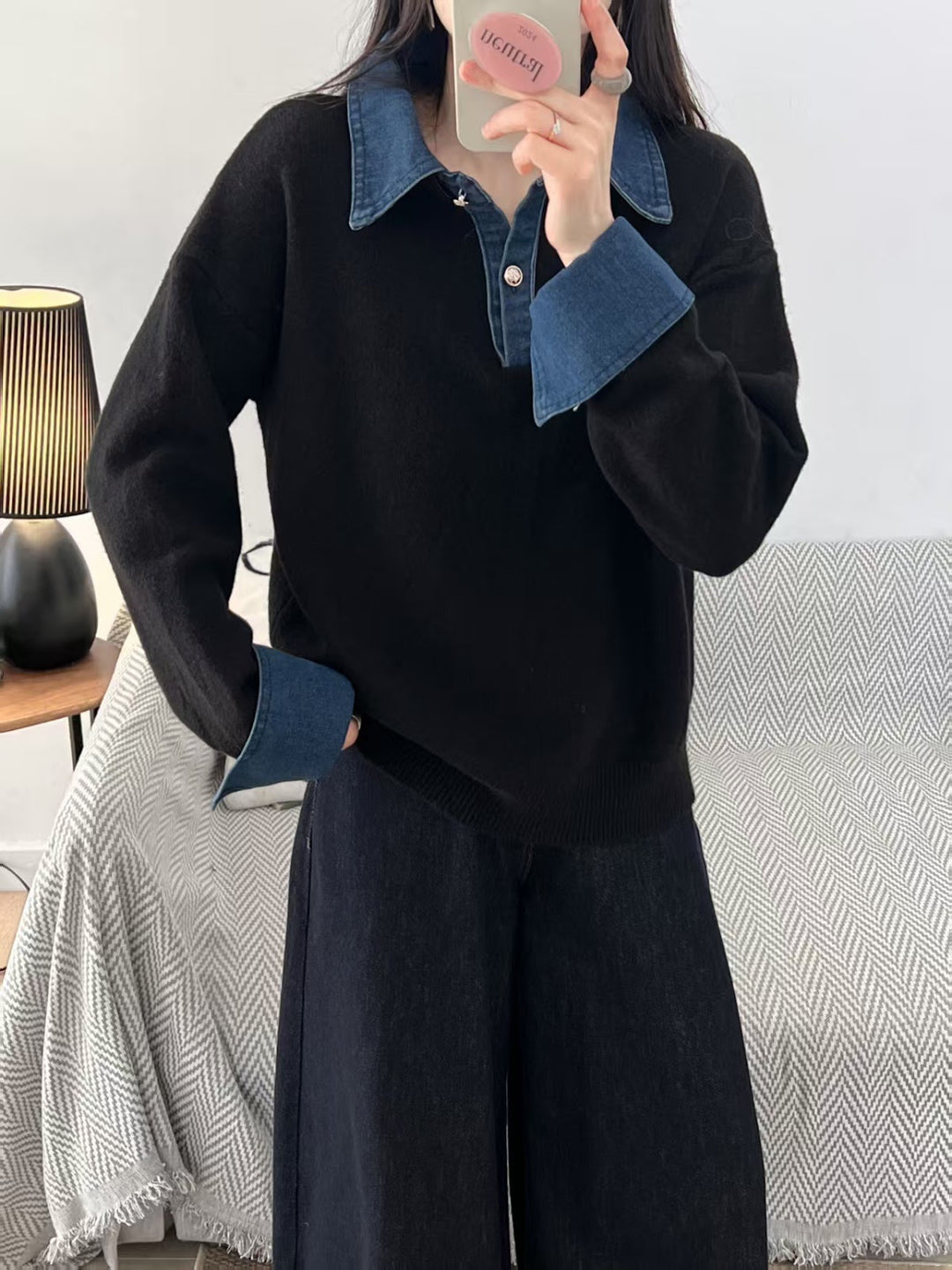 Damen-Strickpullover mit Polo-Kragen und Jeans-Ärmeln