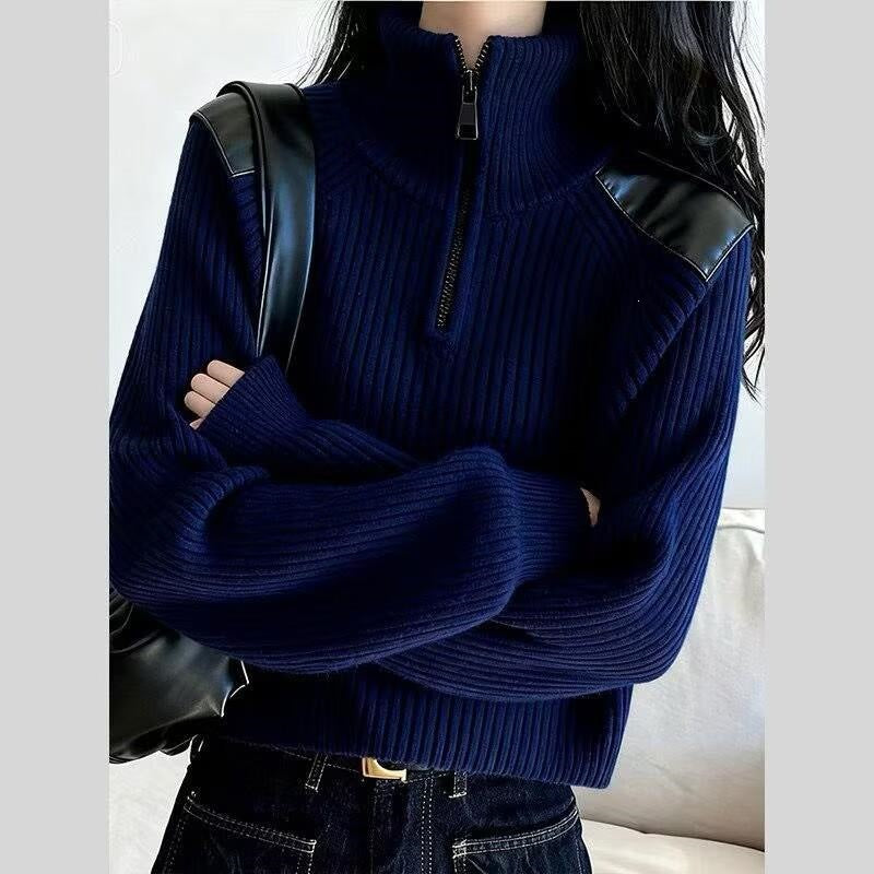 Damen-Strickpullover mit Reißverschluss und Stehkragen
