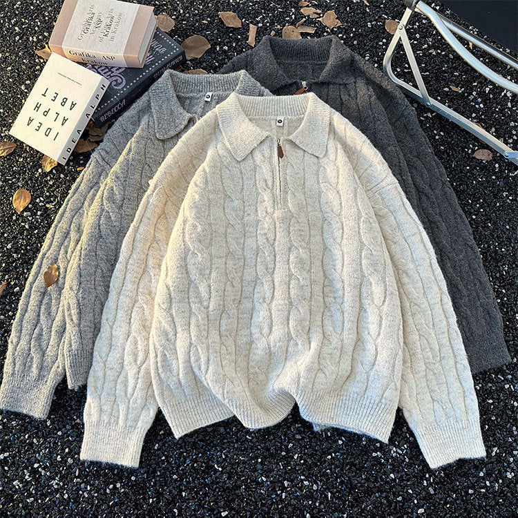 Herren-Strickpullover mit Reißverschluss und Zopfmuster