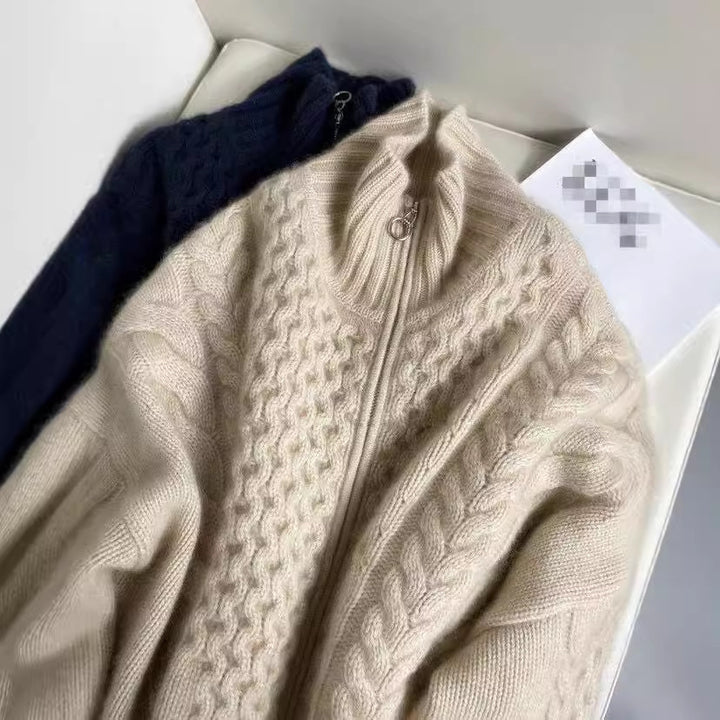 Damen-Wollstrickjacke, hochgeschlossen, mit Reißverschluss, Zopfmuster
