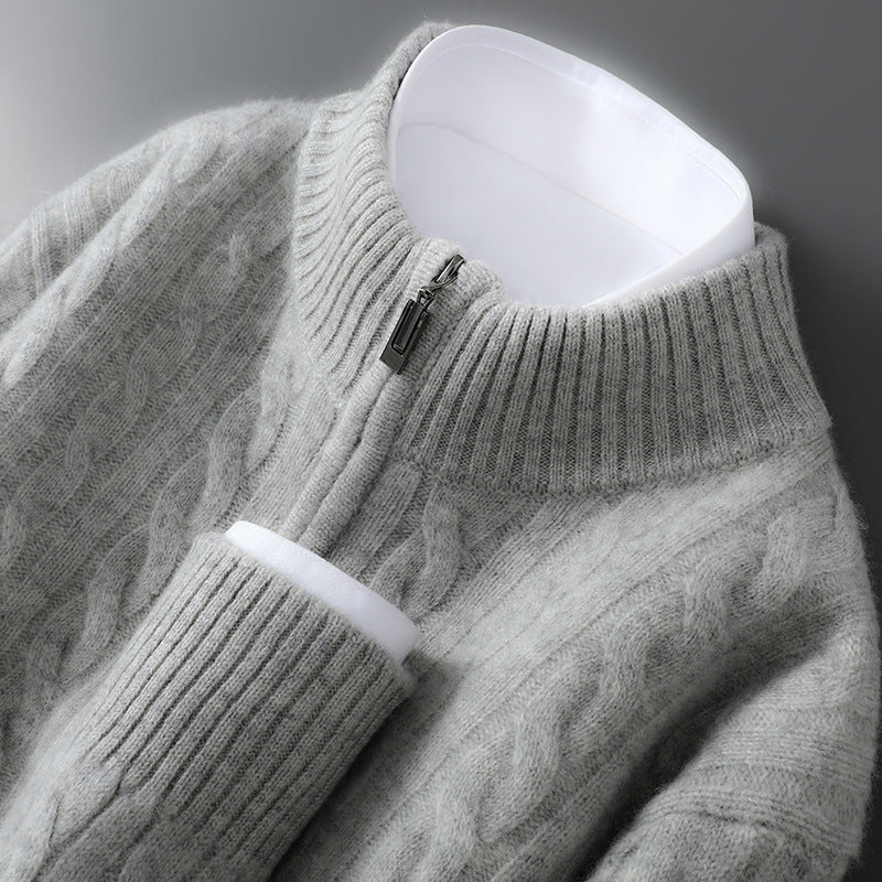 Herren-Wollpullover, 100% Wolle, Reißverschluss, Zopfmuster