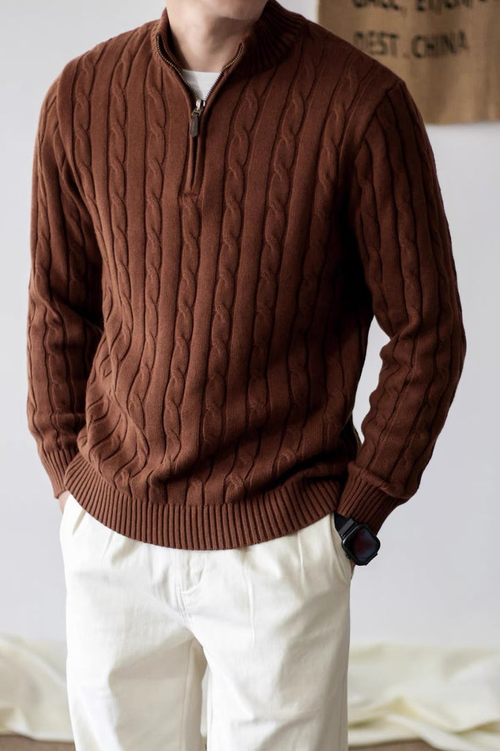 Herren-Strickpullover, Stehkragen mit Reißverschluss, Zopfmuster