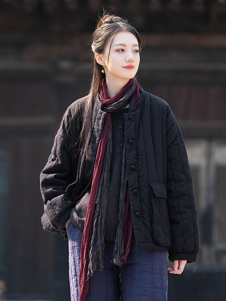 Damen-Steppjacke, Baumwoll-Leinen, Vintage-Stil, Stehkragen