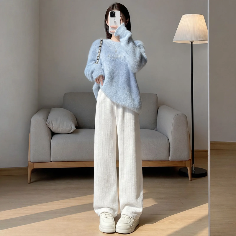 Gefütterte Chenille-Weithose für Damen, gerade geschnitten