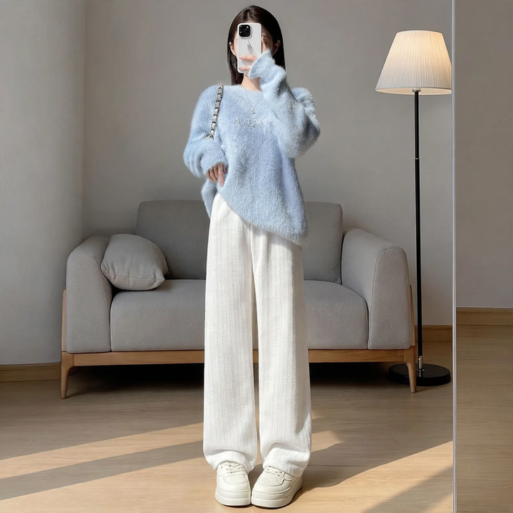 Gefütterte Chenille-Weithose für Damen, gerade geschnitten