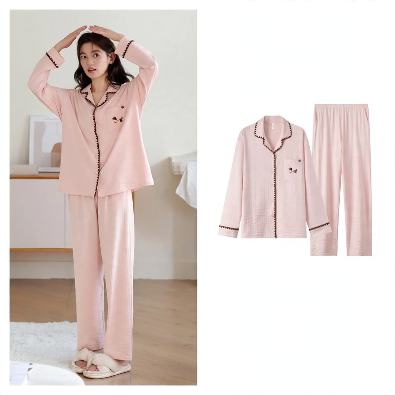Damen-Pyjama-Set, Langarm, Baumwolle, Knopfleiste
