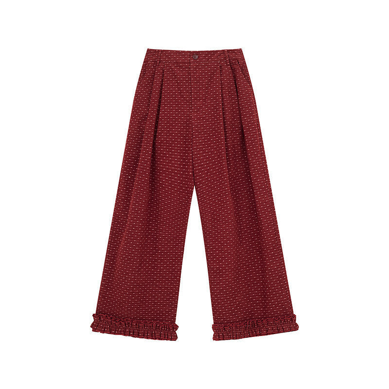 Gepunktete Cord-Freizeithose mit Rüschen-Details