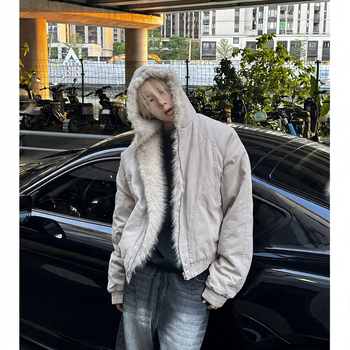 Herren-Winterjacke, kurz, mit Kapuze und Fellkragen