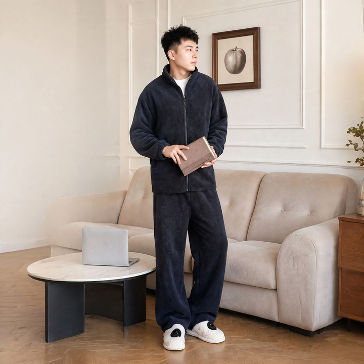 Extra warmer Herren-Hausanzug, Delfin-Fleece, Reißverschluss