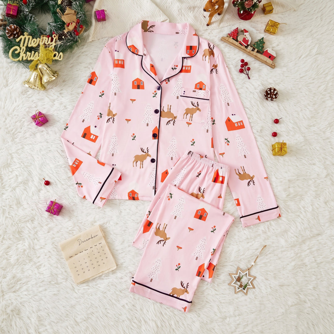 Damen-Pyjama-Set, langärmelig, mit Reverskragen und Weihnachtsmotiven