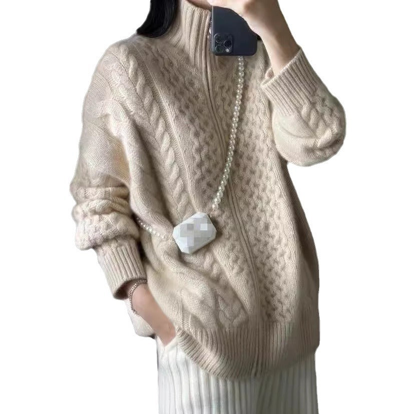 Damen-Wollstrickjacke, hochgeschlossen, mit Reißverschluss, Zopfmuster