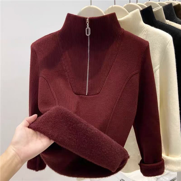 Gefütterter Damen-Strickpullover mit Reißverschluss