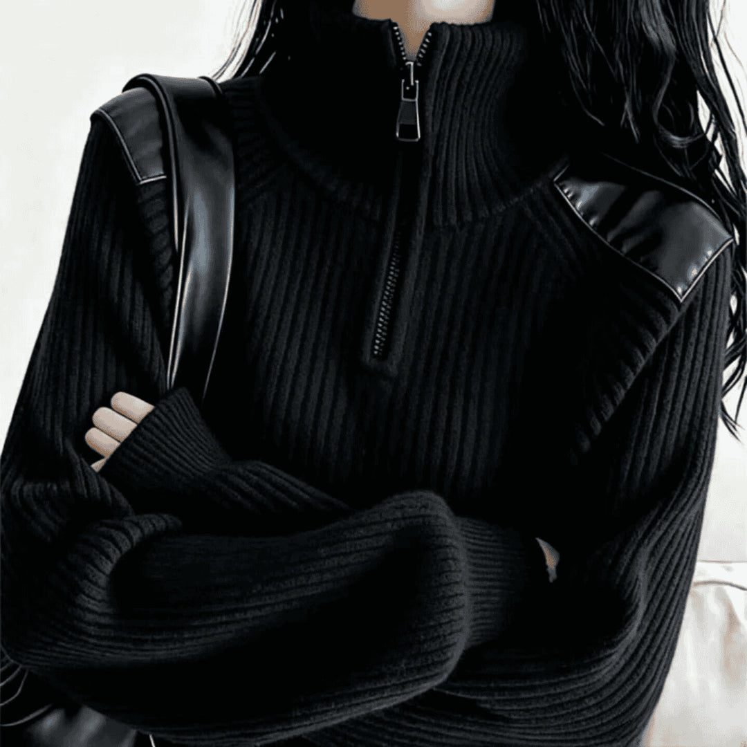 Damen-Strickpullover mit Reißverschluss und Stehkragen