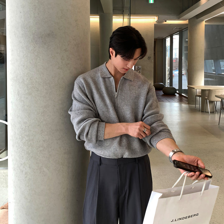 Herren-Strickpullover mit Polokragen und Reißverschluss
