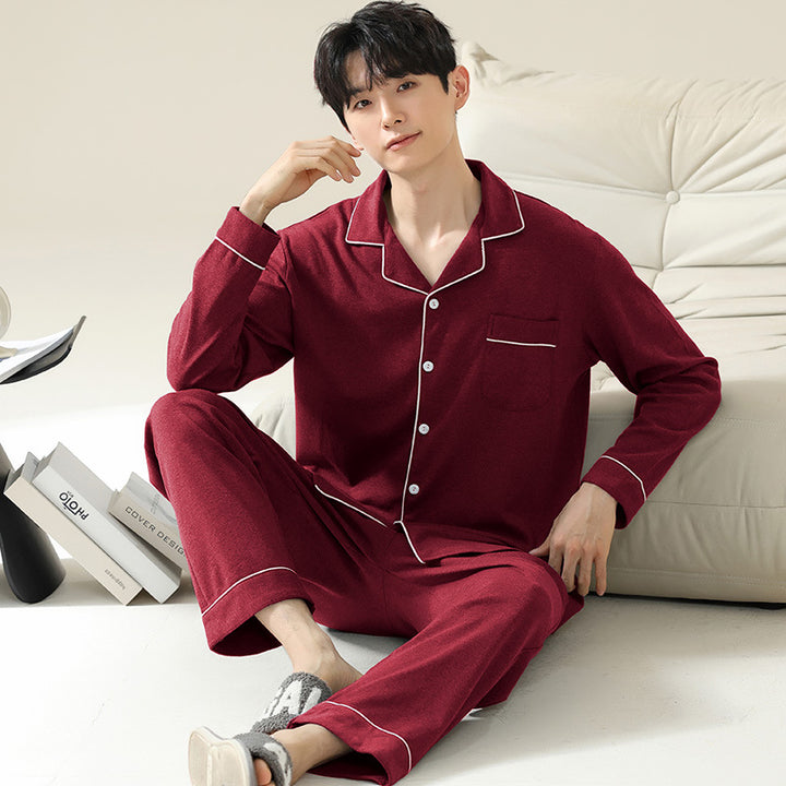 Herren-Pyjama-Set, Baumwolle, langärmelig, schlicht