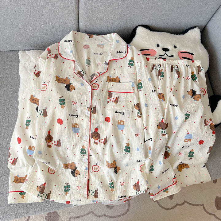 Damen-Pyjama-Set, langärmelig, mit Knopfleiste, Cartoon-Stil