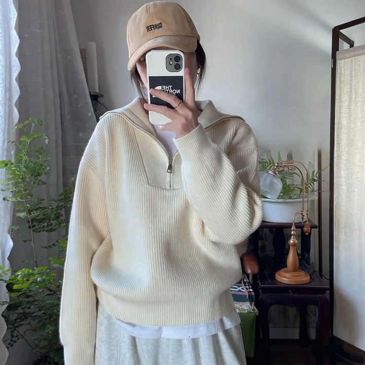 Damen-Strickpullover mit Reißverschluss und Rippstrick