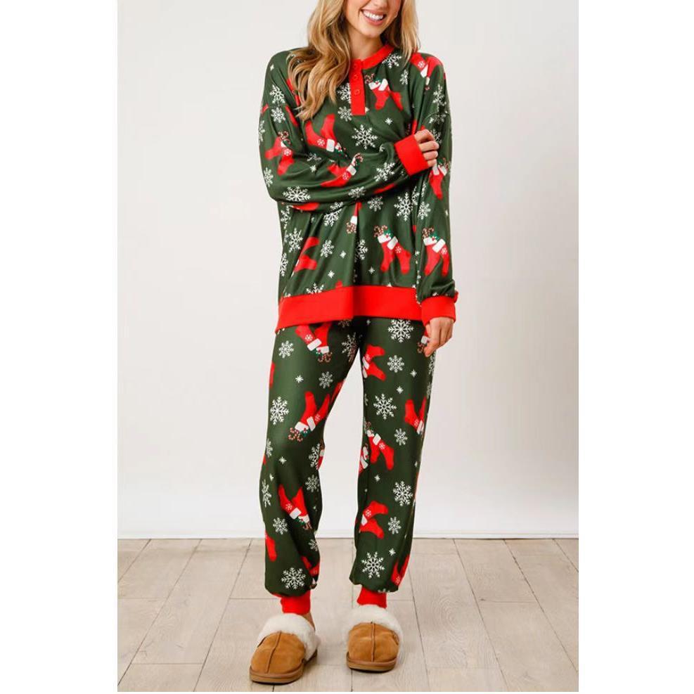 Damen-Hausanzug, langärmelig, mit Knopfleiste und Print