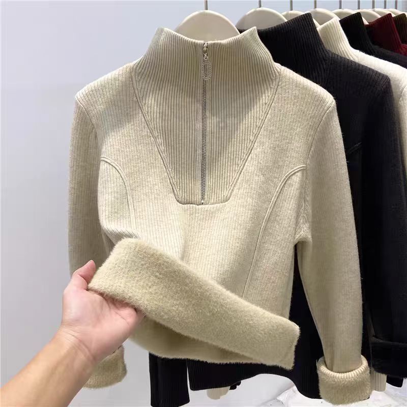 Gefütterter Damen-Strickpullover mit Reißverschluss