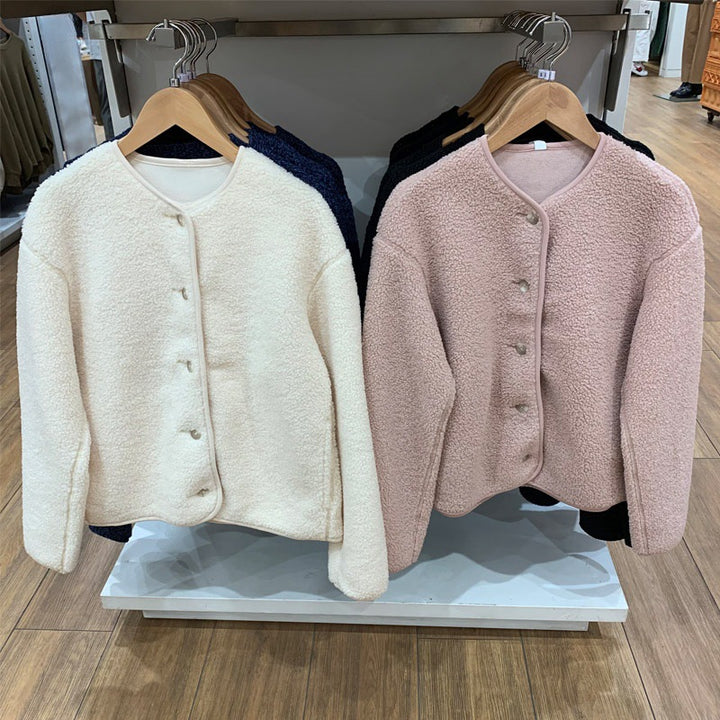 Damen-Strickjacke aus Lammfell-Imitat und Fleece