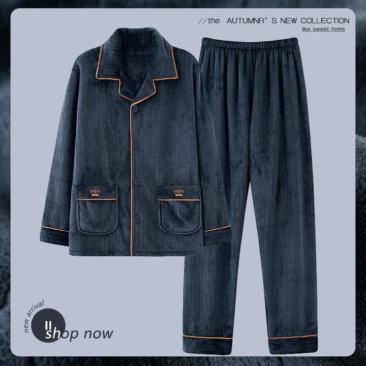 Herren-Pyjama-Set aus Flanell, bestickt, schlicht