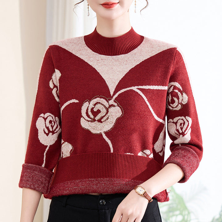 Damen-Strickpullover mit Stehkragen und Blumenmuster