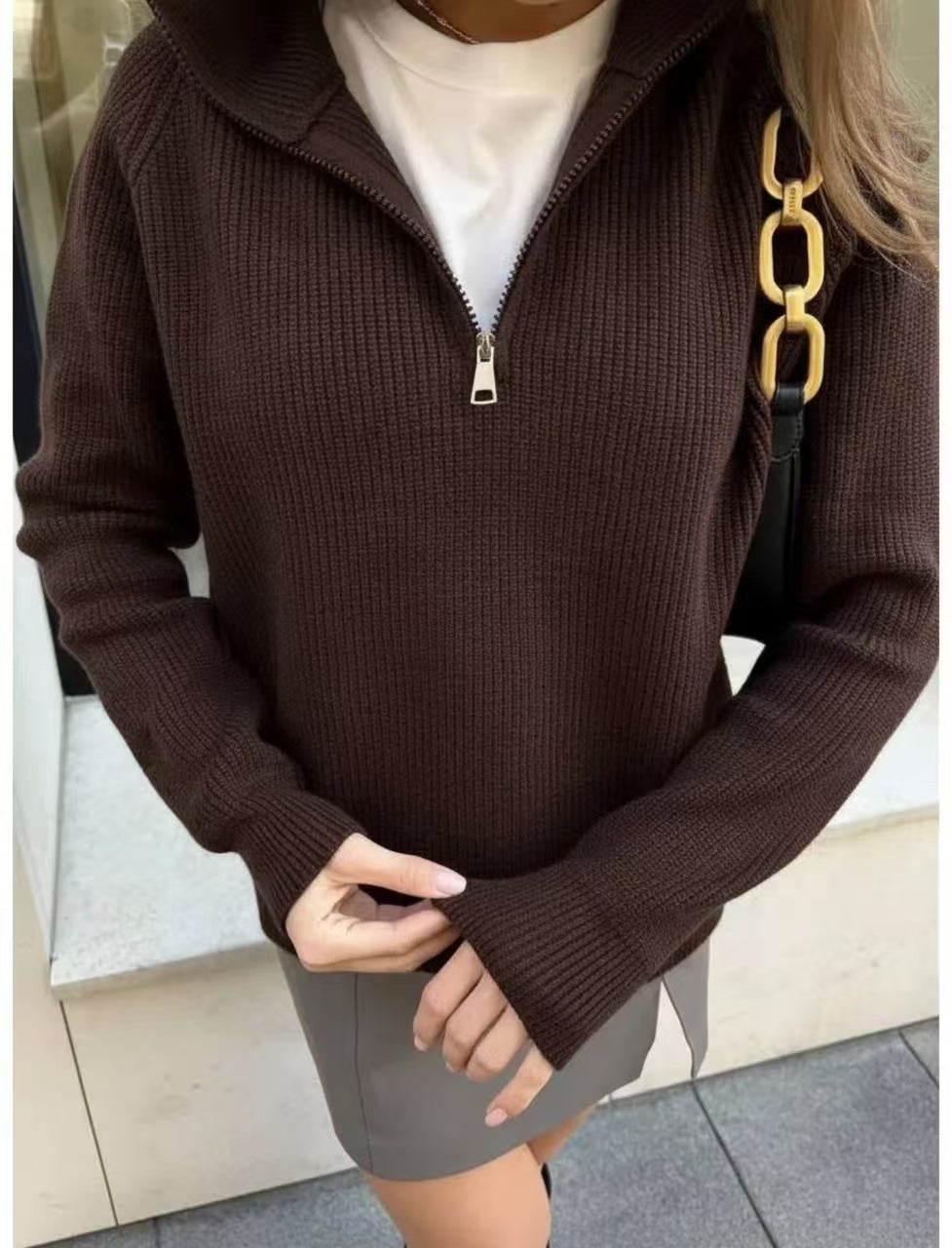 Damen-Pullover, Stehkragen, halber Reißverschluss